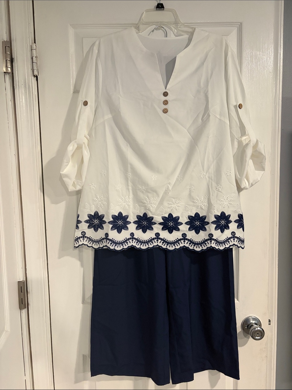 White Embroidered Top with Navy Floral Trim